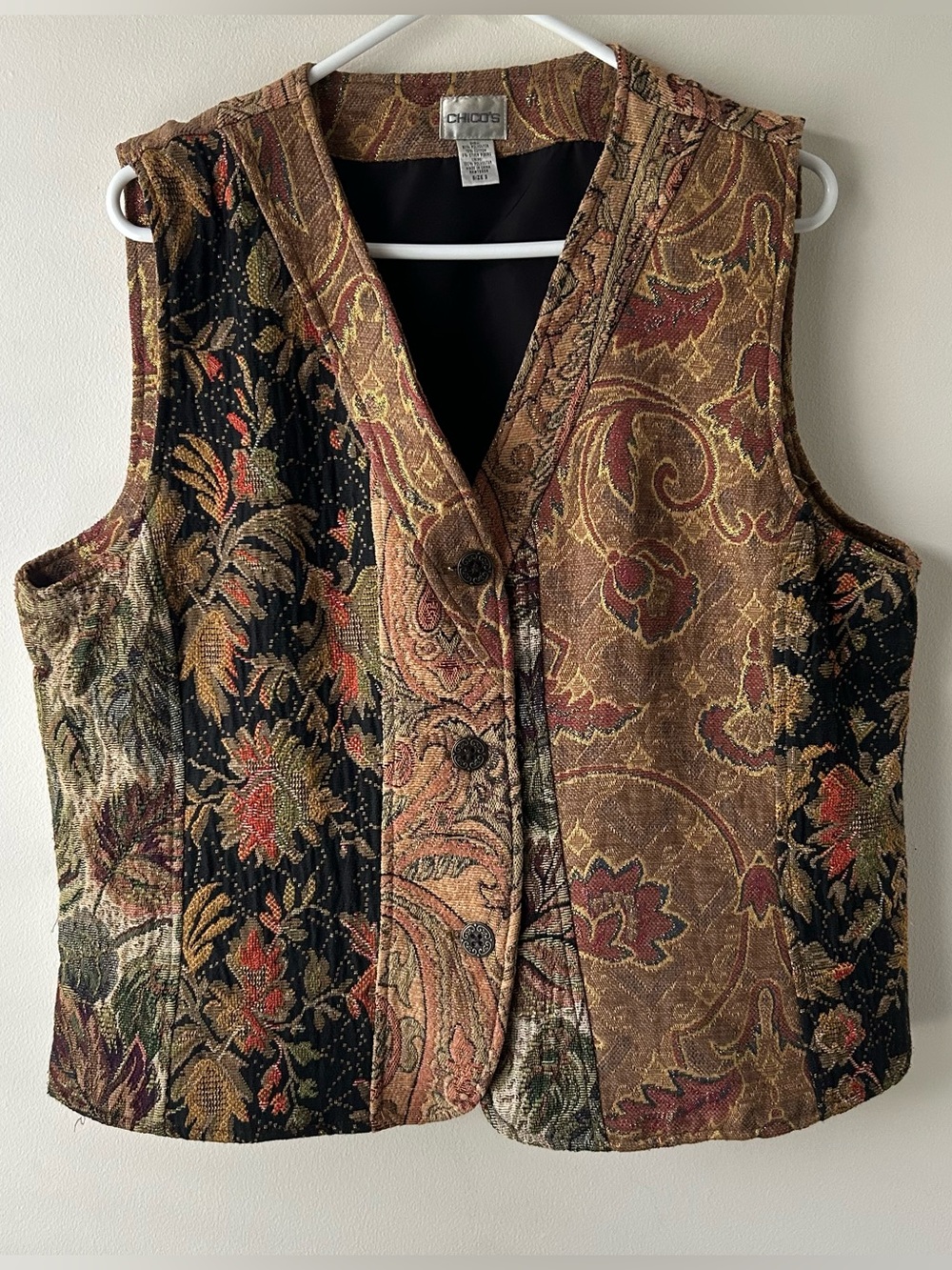Chico’s Vintage Y2K Tapestry Floral Carpet Vest Black Gold 3 XL